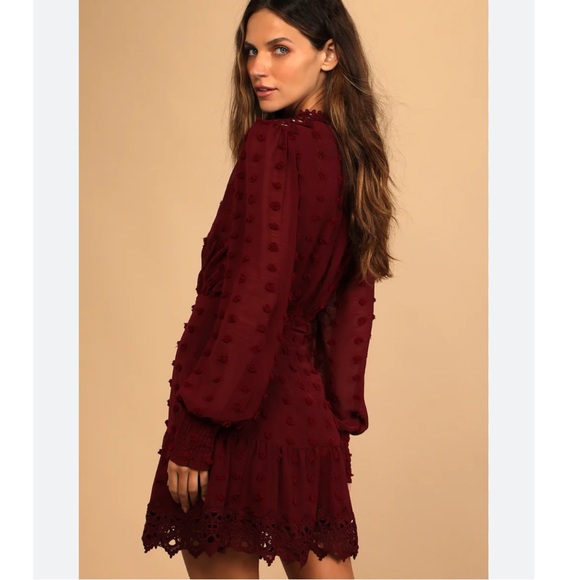 LULUS Lust or Love Wine Red Embroidered Lace Long Sleeve Mini Dress - Picture 4 of 15